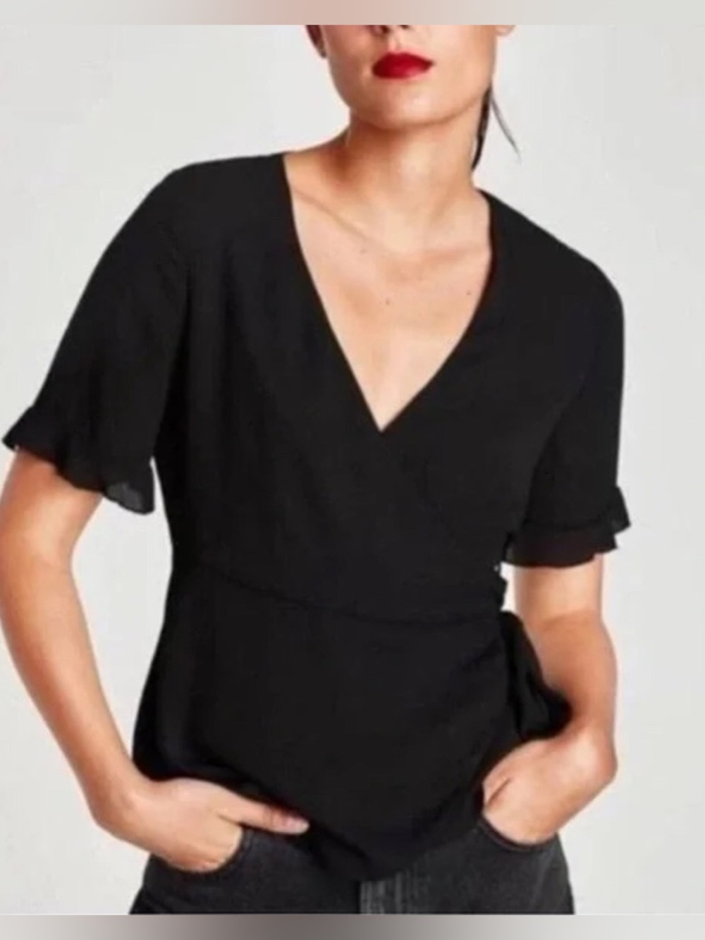 Zara Black Wrap Blouse with short sleeve Flutter Sleeves size small
